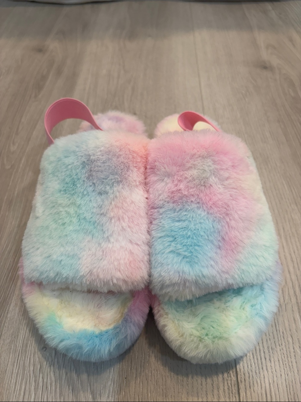 Steve Madden Pastel Rainbow Fuzzy Slide Slippers - Pink, Blue, Yellow